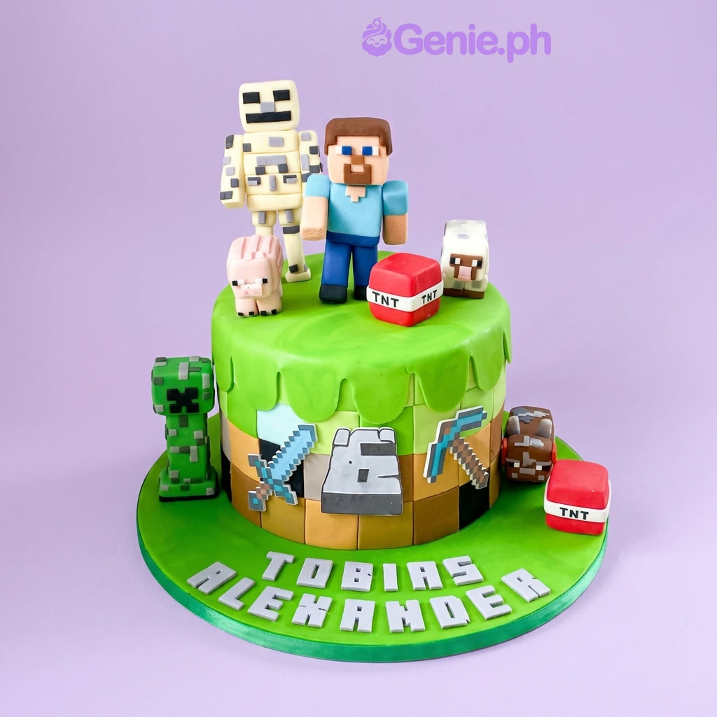 Minecraft-Inspired Birthday Cake Green Minecraft fondant cake with Steve, skeleton, pig, and sheep toppers, plus a creeper figure and TNT blocks
