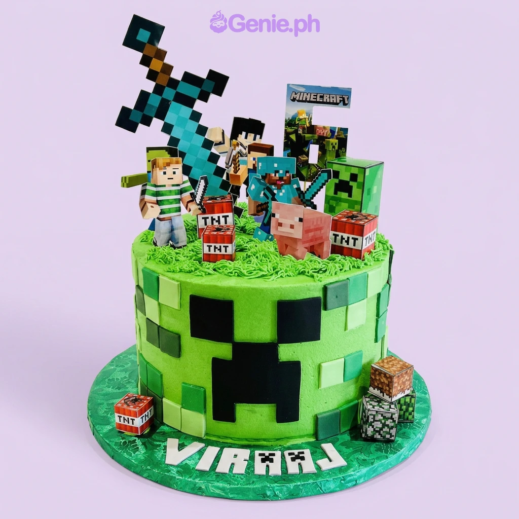 A green and black 1-tier Minecraft cake featuring a Creeper face, Steve, Alex, a pixelated sword, and TNT blocks on a grass-textured top.