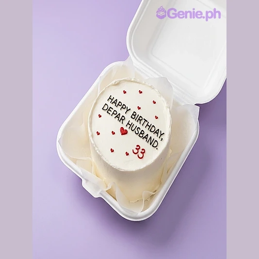 Minimalist Bento White Heart Birthday Cake White bento cake with smooth soft icing, black piped Russian text, and tiny red heart sprinkles on top