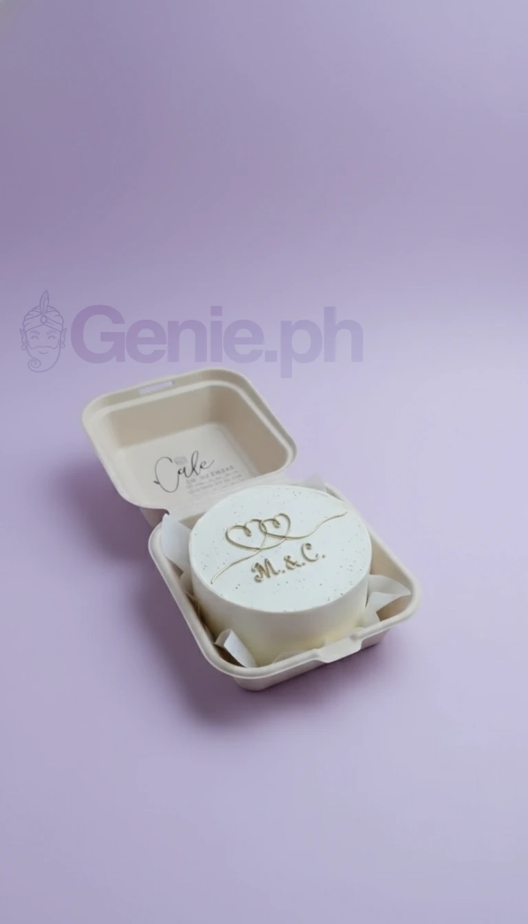White minimalist bento cake with gold heart line art and gold initials M and C in a clamshell box.
