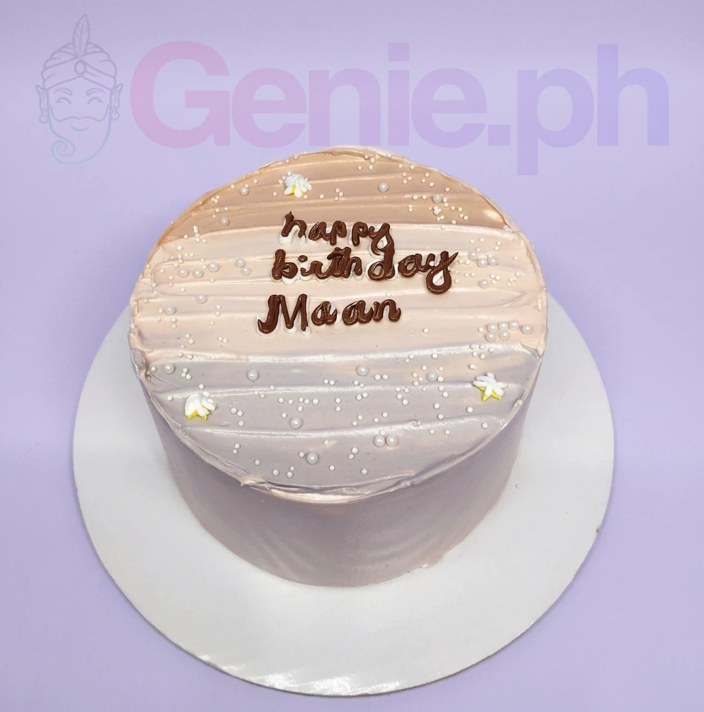 Minimalist Gradient Silver Pearl Birthday Cake A tan, pink, and lavender gradient 1 Tier cake, featuring white pearl sprinkles and 'Happy Birthday Maan' text.