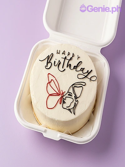 Minimalist Line Art White Bento Birthday Cake Minimalist bento cake with black Happy Birthday text and line art of a face and butterfly