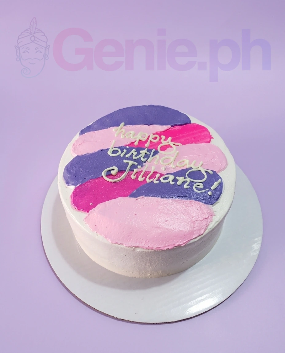 Minimalist Palette Birthday Cake A white 1-tier bento-style cake themed Minimalist Palette, featuring artistic purple and pink palette knife icing strokes and a 'Happy Birthday' message.