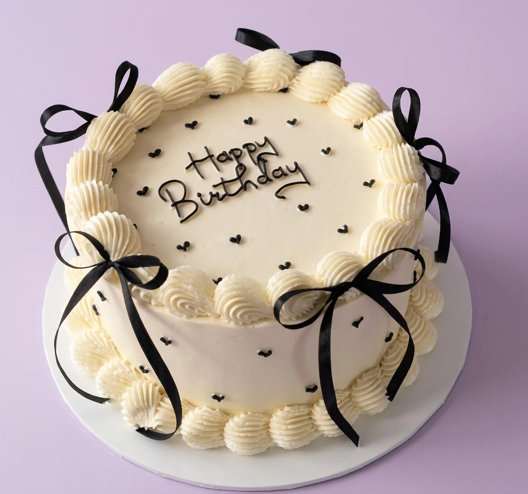 White minimalist birthday cake with black satin ribbons, piped icing borders, and black heart accents.