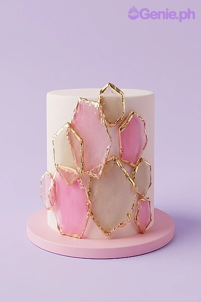 White 1-tier fondant cake with translucent pink and white geometric isomalt shards and gold edges