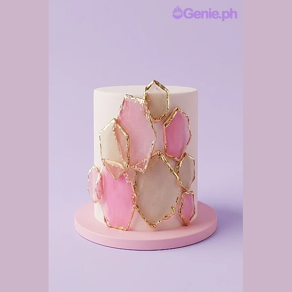 White 1-tier fondant cake with translucent pink and white geometric isomalt shards and gold edges White 1-tier fondant cake with translucent pink and white geometric isomalt shards and gold edges
