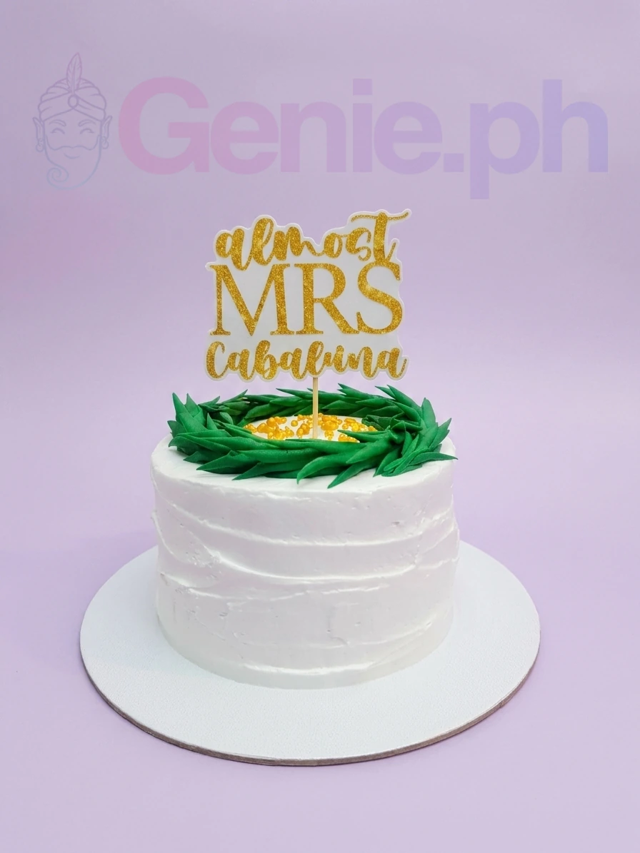 White minimalist cake with textured icing, a green leaf wreath on top, and a gold glittery Mrs Cabaluna topper.