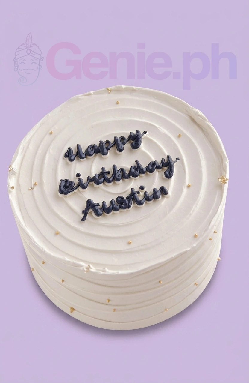 Minimalist white bento cake with textured spiral icing and navy blue piped birthday message for Austin.