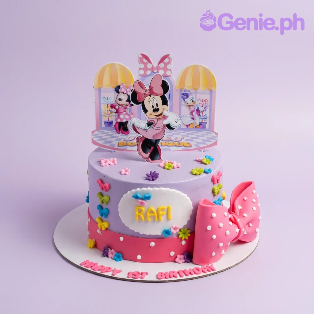 Minnie Mouse-Inspired Lavender Bow Birthday Cake A purple 1 Tier cake themed around Minnie Mouse, featuring a Minnie Mouse and Daisy Duck printout, a pink bow, and colorful flowers.