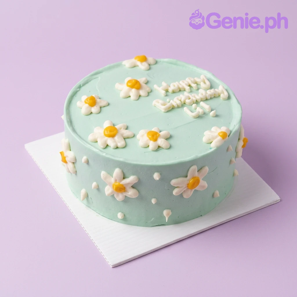 Mint Daisy Floral Birthday Cake A mint green and white 1-tier cake themed with daisies, featuring white and yellow icing daisies and 'Happy Birthday Lil!' text.