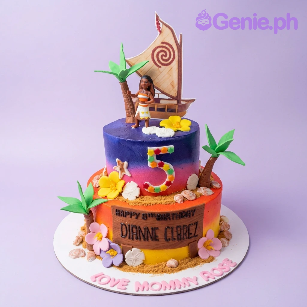 Moana-Inspired Sky Blue 2-Tier Birthday Cake A purple and red gradient 2-tier cake themed around Moana, featuring a Moana figurine, a sailboat topper, and edible palm trees.