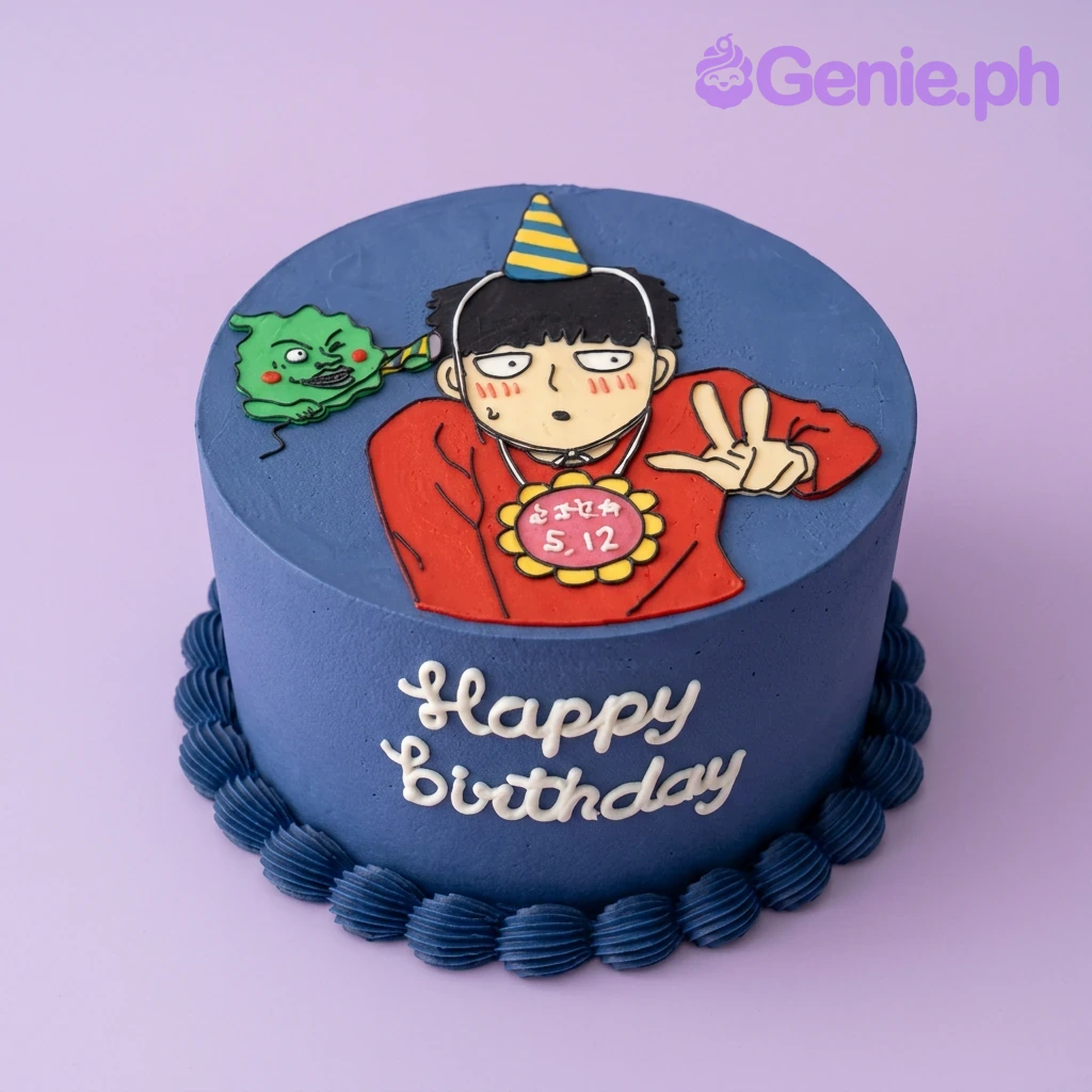 Mob Psycho 100 Navy Birthday Cake A navy blue 1-tier Mob Psycho 100 cake, with a hand-piped Mob character, a Dimple character, and a 'Happy Birthday' message.