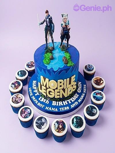Mobile Legends-Inspired Birthday Sky Blue Cake Mobile Legends birthday 1 Tier - green theme with male character figurine with sword and small green edible elements