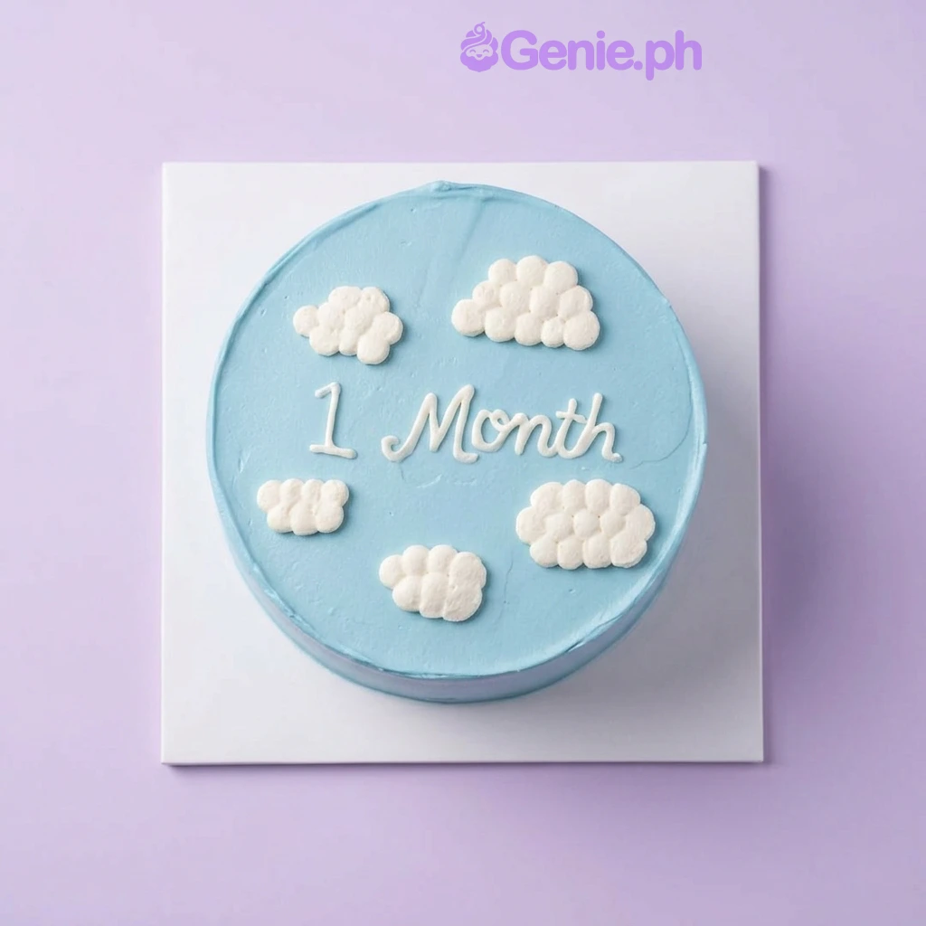 Monthly Milestone Sky Blue Cake Light blue single-tier cake with white piped clouds and 1 Month message on top