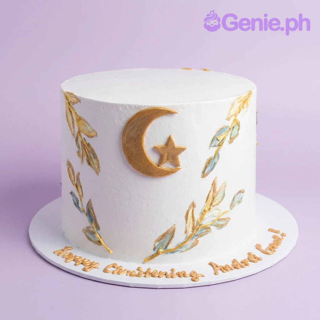 Moon And Star White Christening Cake White minimalist christening cake with gold crescent moon and star fondant toppers and yellow palette knife icing leaves.