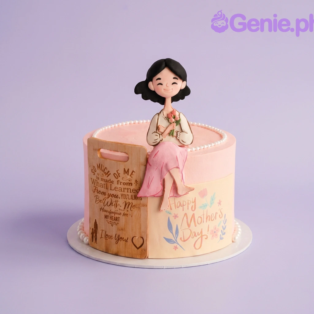 Mothers Day Light Pink Floral Mother's Day Cake Light pink 1-tier cake with a sculpted woman figure topper, a printed wooden board message, and a Mother's Day greeting printout