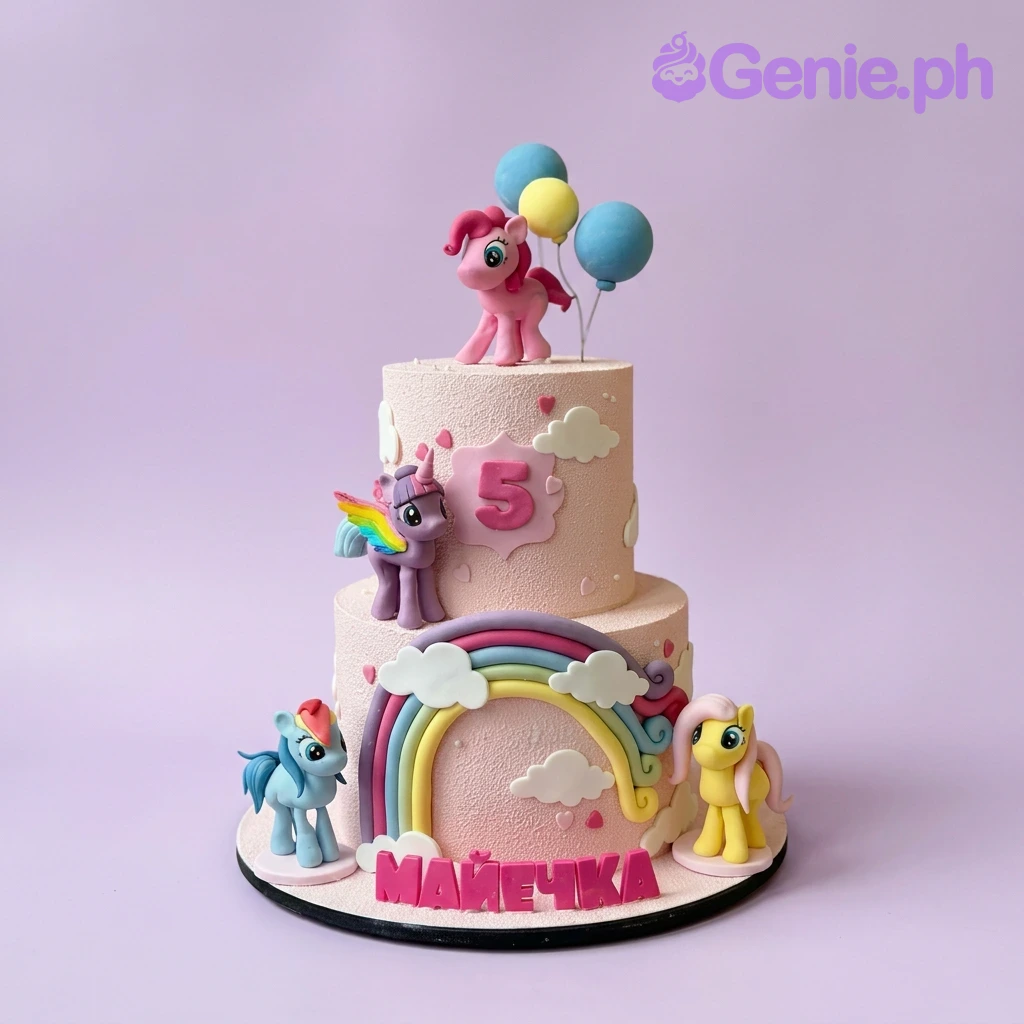 My Little Pony-Inspired 2-Tier Birthday Cake A pink 2-tier fondant cake themed around My Little Pony, featuring 3D pony figures, a large rainbow, and clouds.