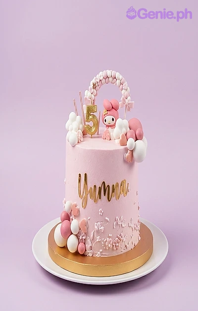 My Melody-Inspired Light Pink Birthday Cake Pink single tier cake with My Melody character topper, gold number 5, and pink and white balloon clusters