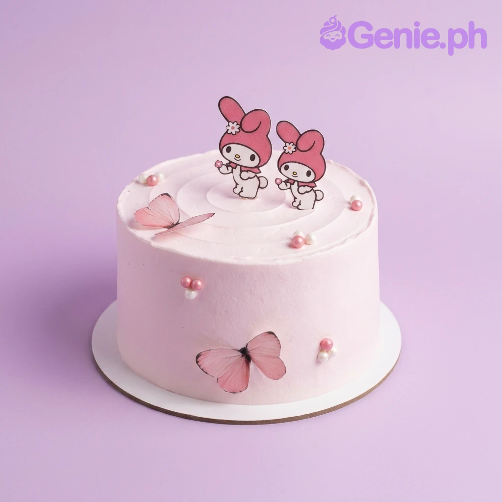 My Melody-Inspired Light Pink Birthday Cake A light pink 1 Tier cake themed around My Melody, featuring My Melody character toppers, butterflies, and icing dollops.