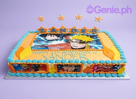 Naruto-Inspired Birthday Orange Rectangle Cake Naruto birthday Rectangle - orange, yellow theme with printout of Naruto and Sasuke and orange and yellow flame shapes