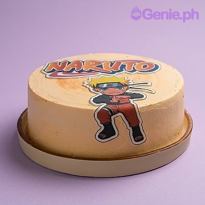 Naruto-Inspired Orange Cake An orange 1 tier cake featuring Naruto character and logo printouts.
