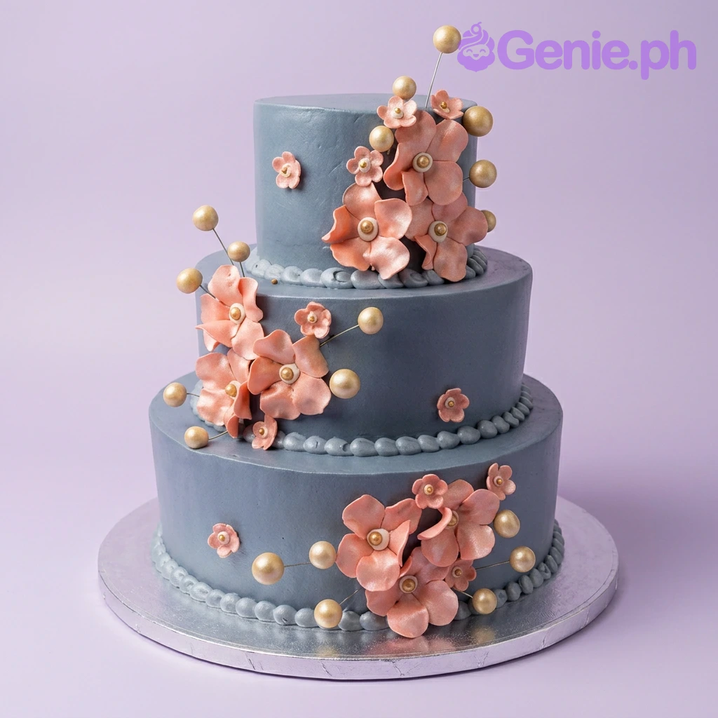 Navy Blue Floral 3-Tier Wedding Cake A navy blue three-tier cake with peach gumpaste flowers, gold decorative spheres, and blue bead borders.