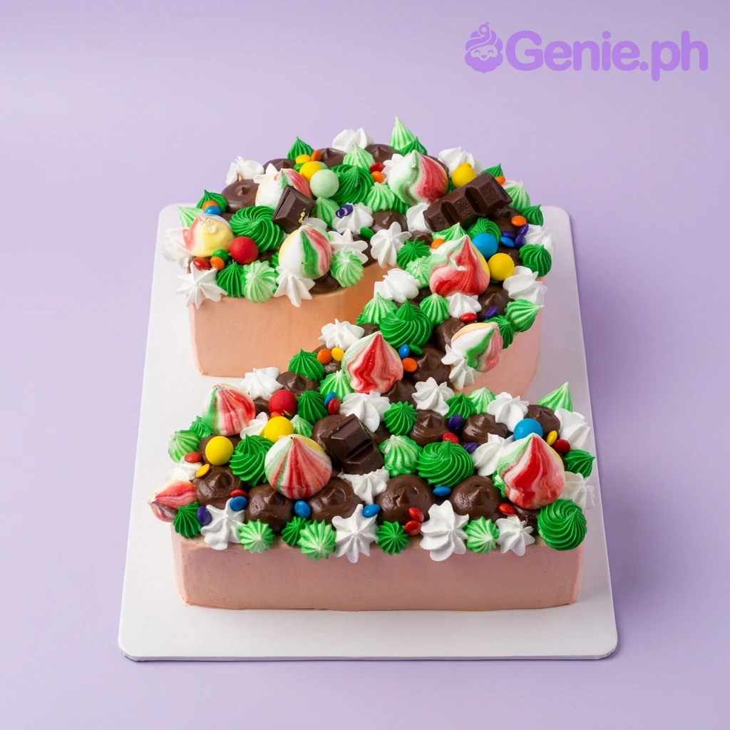 Number 2 Cake Number 2 shaped cake decorated with green and white icing rosettes, chocolate pieces, and colorful candy toppings.
