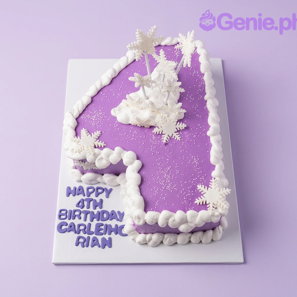 Number 4 Snowflake Purple Birthday Cake A purple and white number 4 shaped cake, snowflake themed, with white fondant snowflakes, icing borders, and sprinkles.