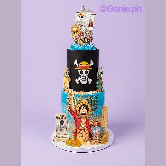 One Piece-Inspired 2-Tier Cake Two tier black cake with One Piece characters, Going Merry ship, skull logo, wanted poster, gold coins, and blue waves