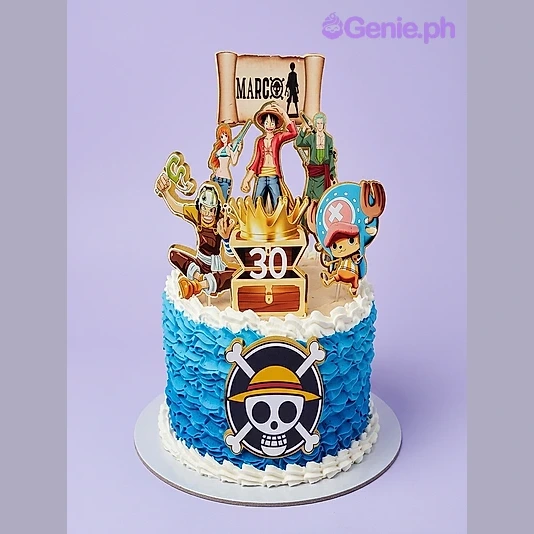 One Piece-Inspired Sky Blue Birthday Cake Blue ombre 1-tier cake with One Piece character printouts and a treasure chest topper