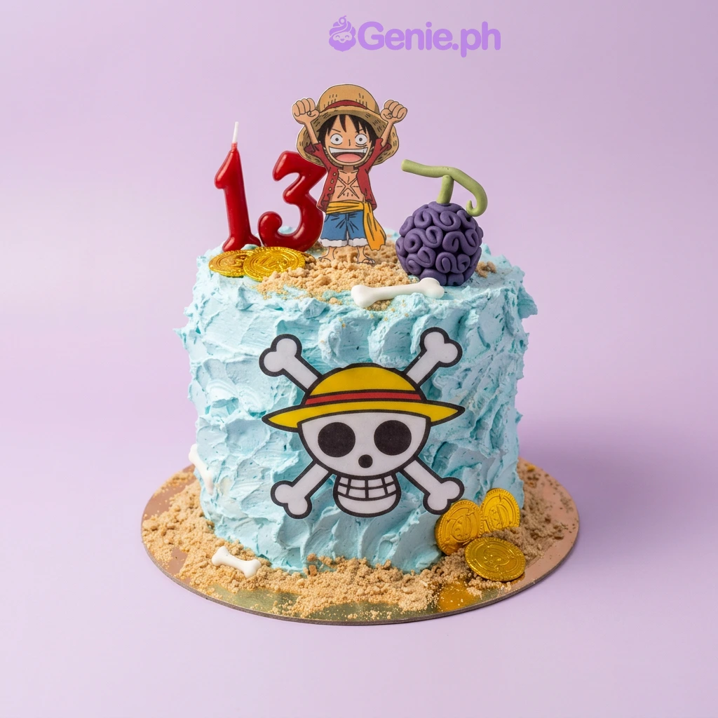 One Piece-Inspired Sky Blue Cake Sky blue 1-tier cake with Luffy, a number 13 candle, a purple devil fruit, a One Piece skull logo, white bones, gold coins, and sand crumbs