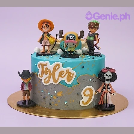 One Piece-Inspired Birthday Cake Light blue and grey 1-tier cake with One Piece anime figurines and Tyler name topper