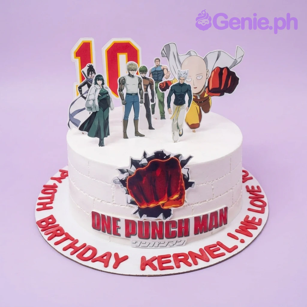 One Punch Man White Birthday Cake A white 1 Tier cake themed around One Punch Man, featuring character printouts, a red fist logo, and an embossed brick pattern.