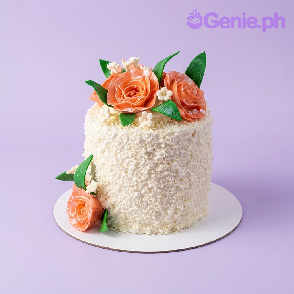 Orange Rose Floral White Cake A white 1-tier cake with orange and green, themed Orange Rose Floral, featuring large orange gumpaste roses and green leaves on textured white icing.