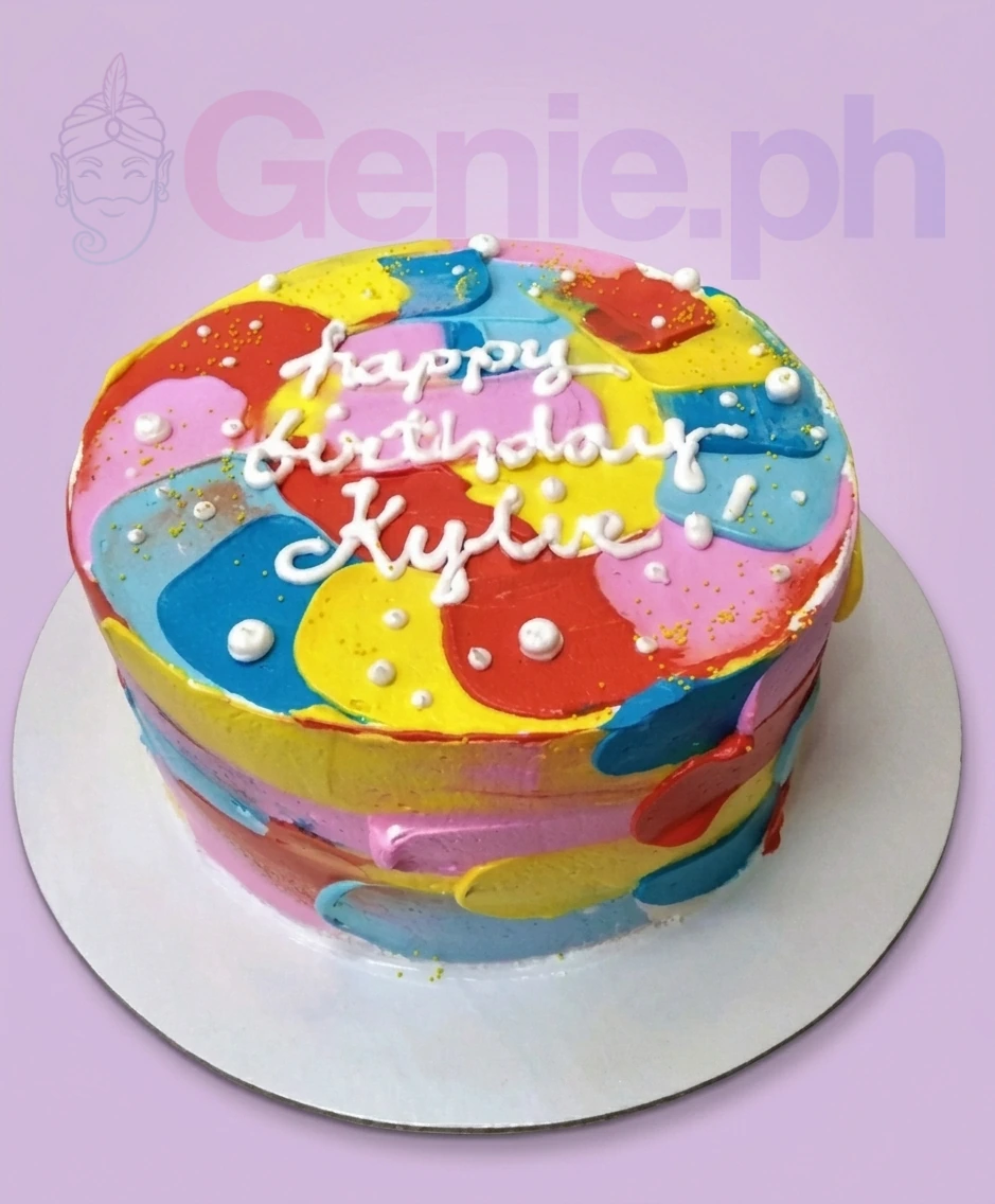 Palette Knife Pearl Birthday Cake A colorful 1 Tier cake themed around Palette Knife Art, featuring icing strokes, white pearl sprinkles, and gold dragees.