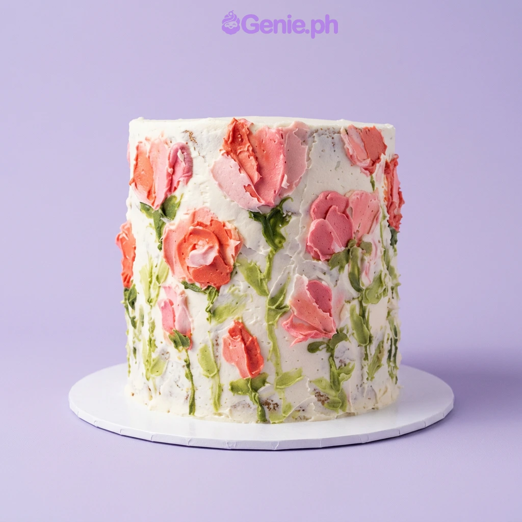 Palette Knife Floral Cake White single-tier cake with colorful palette knife floral icing design