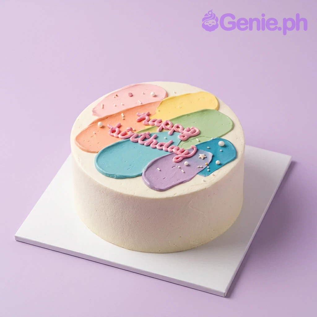 A white 1-tier cake with pastel palette knife strokes, a pink "Happy Birthday" message, and white pearl sprinkles.