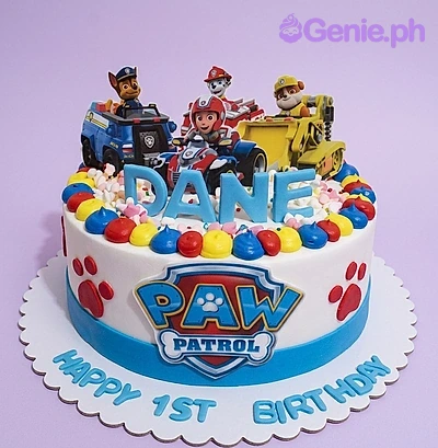 Paw Patrol-Inspired 1st Birthday White Cake Paw Patrol, 1st birthday 1 Tier - red theme with Chase on police car printout figurine and small edible balls