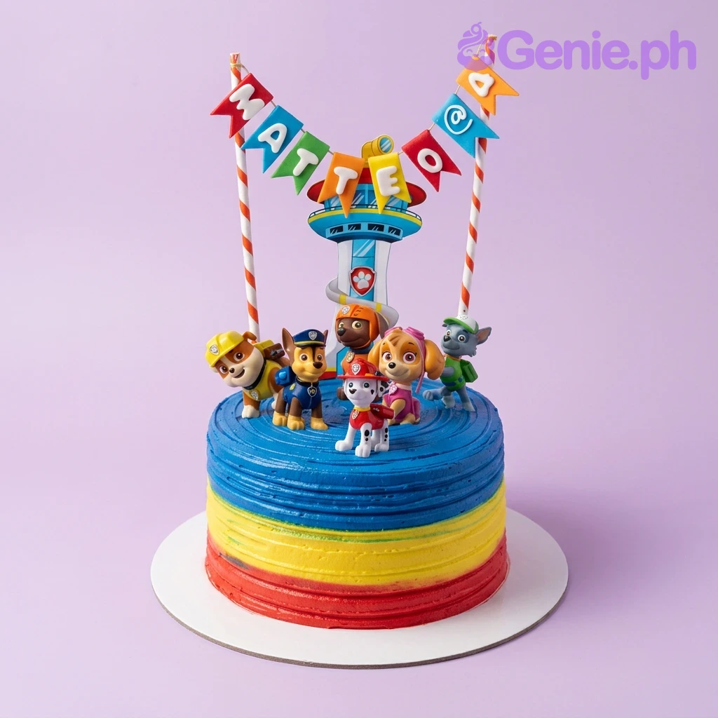 Paw Patrol-Inspired Birthday Cake A blue, yellow, and red 1 Tier cake themed around Paw Patrol, featuring character printouts and horizontal icing ridges.