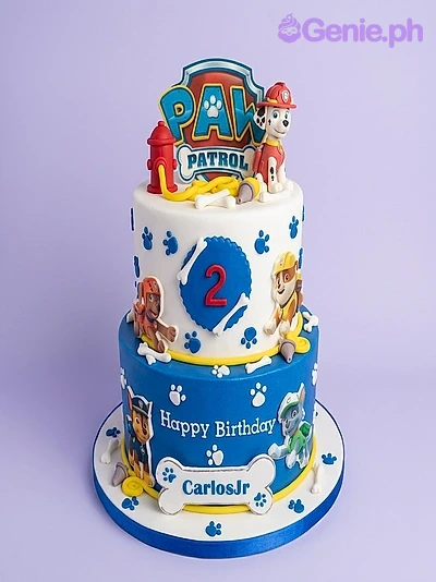 Paw Patrol-Inspired White 2-Tier Cake Paw Patrol 2 Tier Fondant - white, blue, yellow theme with Paw Patrol logo and Paw Patrol character cutouts