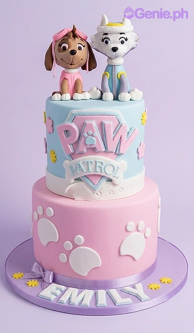 Paw Patrol 2 Tier Fondant - white, yellow, pink theme with Skye character and Paw Patrol logo shield Paw Patrol 2 Tier Fondant - white, yellow, pink theme with Skye character and Paw Patrol logo shield
