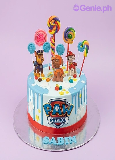 Paw Patrol 1 Tier - blue, yellow, red theme with Paw Patrol Chase Printout and edible swirl lollipop Paw Patrol 1 Tier - blue, yellow, red theme with Paw Patrol Chase Printout and edible swirl lollipop