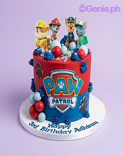 Paw Patrol 1 Tier - red, blue, rose theme with Paw Patrol character figurines and blue icing rosettes Paw Patrol 1 Tier - red, blue, rose theme with Paw Patrol character figurines and blue icing rosettes