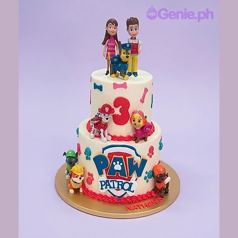 Paw Patrol-Inspired White 2-Tier Birthday Cake White 2-tier fondant cake with Paw Patrol character figurines and Paw Patrol logo printout