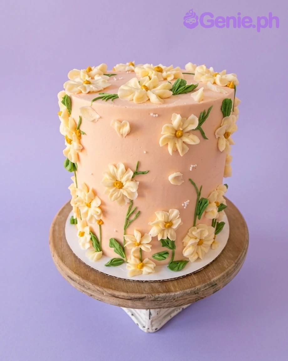 Peach Daisy Floral Cake A peach, white, yellow, and green 1 Tier cake themed around Peach Daisy, featuring piped icing daisies and green leaves with white sugar pearls.