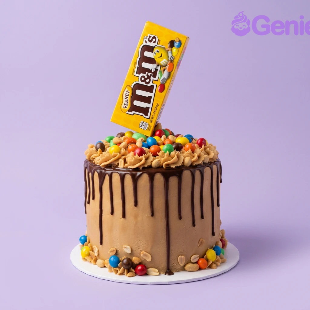 Peanut M&Ms Silver Drip Cake Tan 1-tier cake with chocolate drip, peanut M&Ms, and a peanut M&Ms box topper