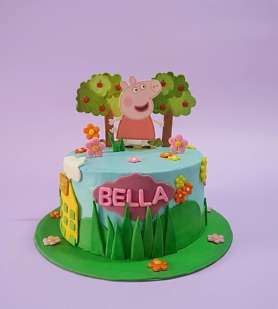 Peppa Pig 1 Tier - red theme with Peppa Pig character and Edible 3D trees