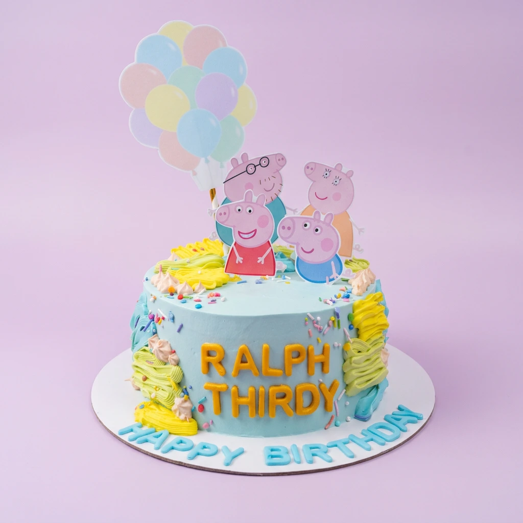 A light blue 1-tier Peppa Pig cake, featuring Peppa Pig characters and balloons, with icing swirls and sprinkles. A light blue 1-tier Peppa Pig cake, featuring Peppa Pig characters and balloons, with icing swirls and sprinkles.