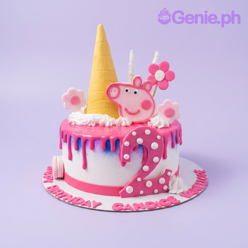 A pink and white 1-tier Peppa Pig cake, with Peppa Pig, a pink number two, yellow cone, and pink drip. A pink and white 1-tier Peppa Pig cake, with Peppa Pig, a pink number two, yellow cone, and pink drip.