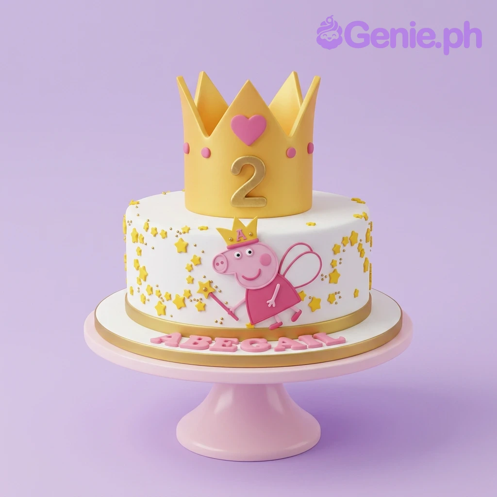 A white 1-tier Peppa Pig cake with yellow crown, gold '2', and Peppa Pig fairy. A white 1-tier Peppa Pig cake with yellow crown, gold '2', and Peppa Pig fairy.